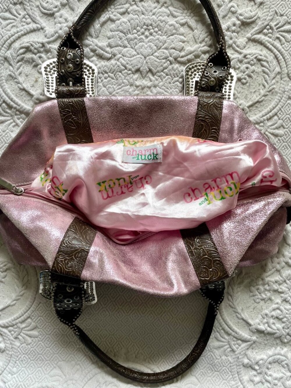 SOLD Vintage Y2K Charm + Luck Western San Antonio Leather Rhinestone Satchel Bag - Picture 12 of 16